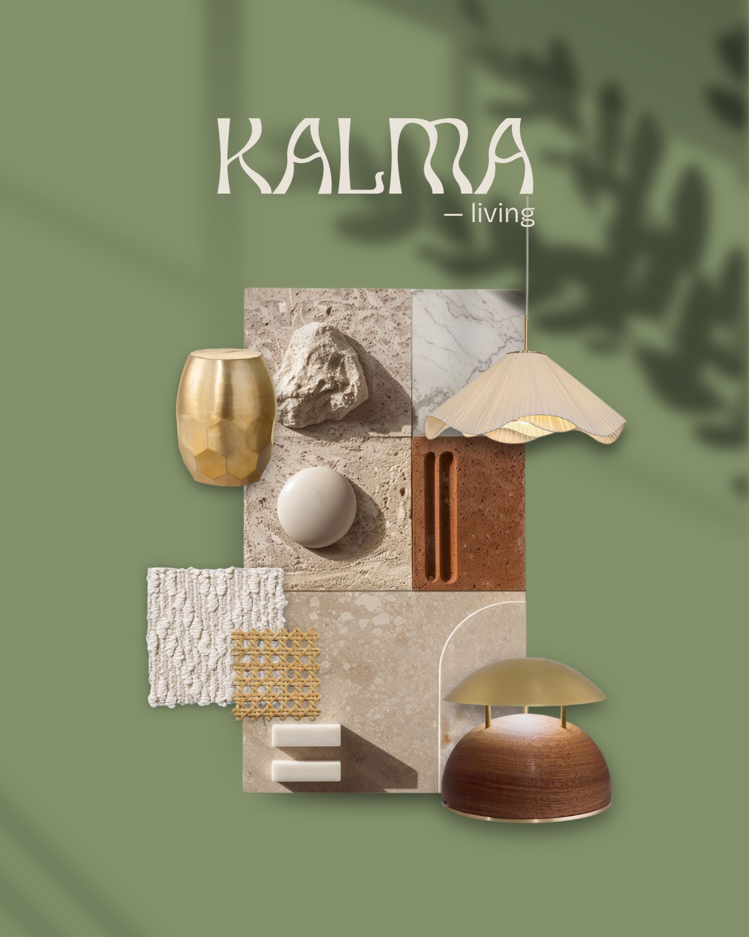 Kalma Living earthy material and interior product moodboard
