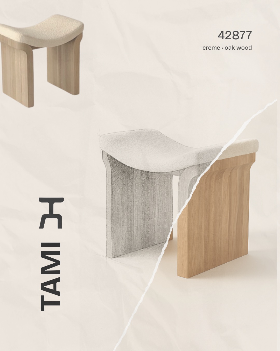 Tami oak wood stool product concept with sketch overlay