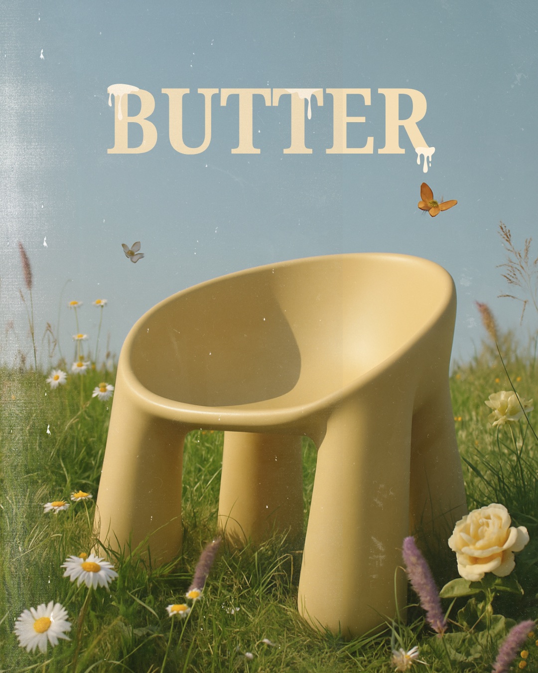 Butter yellow chair editorial campaign in a flower field