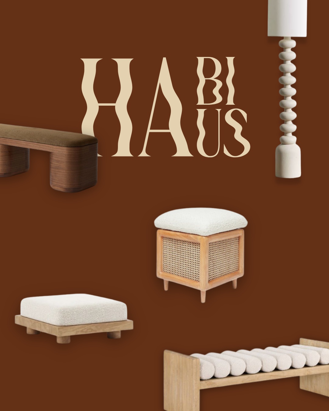 Habi Haus furniture brand launch composition in warm brown